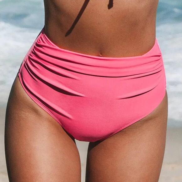 Cupshe Shirred Classic High Waist Swim Bikini Bottom Mercury Retrograde Pink XS - Picture 1 of 10